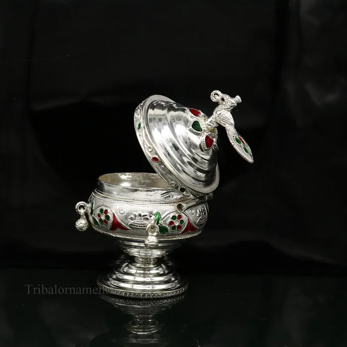 Rings TRIBAL ORNAMENTS 925 sterling silver handmade flower work enamel design vintage trinket box brides accessories kumkum sindur box idols prasad box stb156
