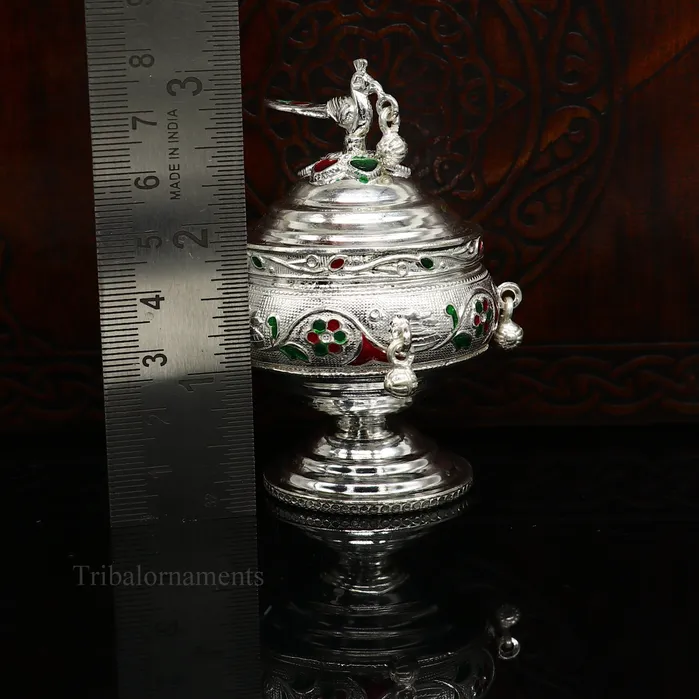 Rings TRIBAL ORNAMENTS 925 sterling silver handmade flower work enamel design vintage trinket box brides accessories kumkum sindur box idols prasad box stb156