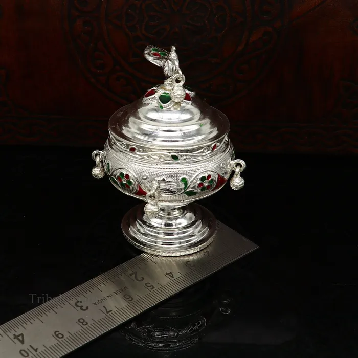 Rings TRIBAL ORNAMENTS 925 sterling silver handmade flower work enamel design vintage trinket box brides accessories kumkum sindur box idols prasad box stb156