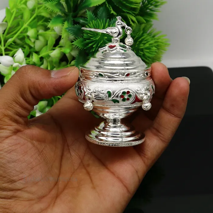 Rings TRIBAL ORNAMENTS 925 sterling silver handmade flower work enamel design vintage trinket box brides accessories kumkum sindur box idols prasad box stb156