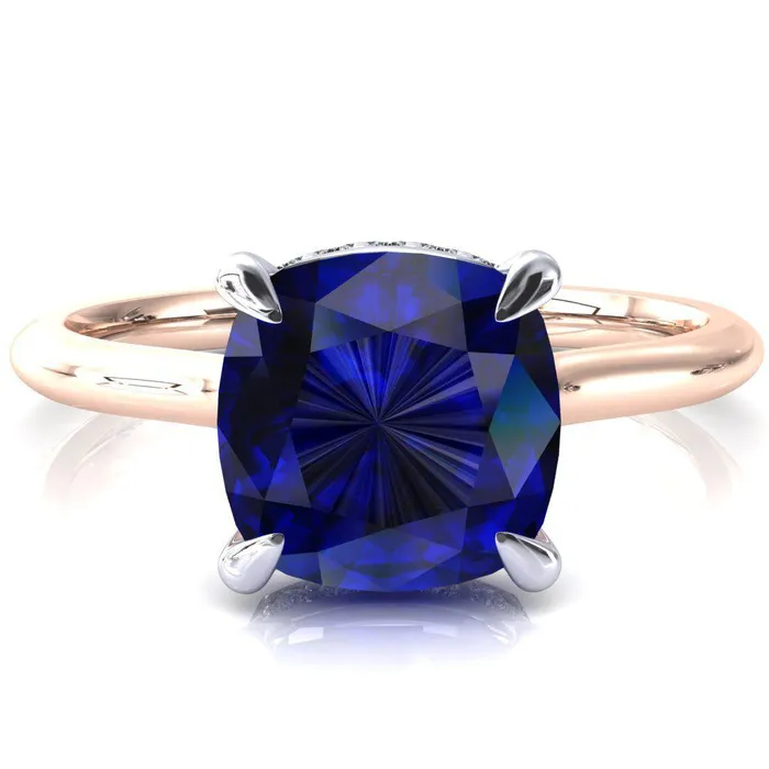 Secret Cushion Blue Sapphire 4 Prong Floating Halo Engagement Ring Fire Brilliance Rings