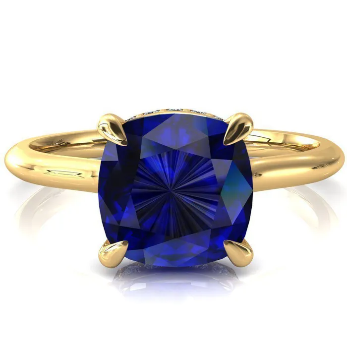 Secret Cushion Blue Sapphire 4 Prong Floating Halo Engagement Ring Fire Brilliance Rings