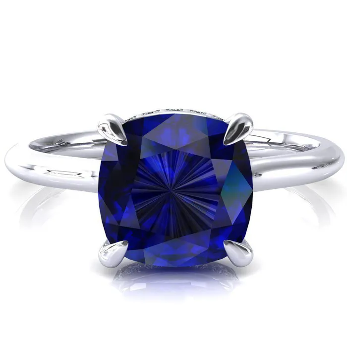 Secret Cushion Blue Sapphire 4 Prong Floating Halo Engagement Ring Fire Brilliance Rings