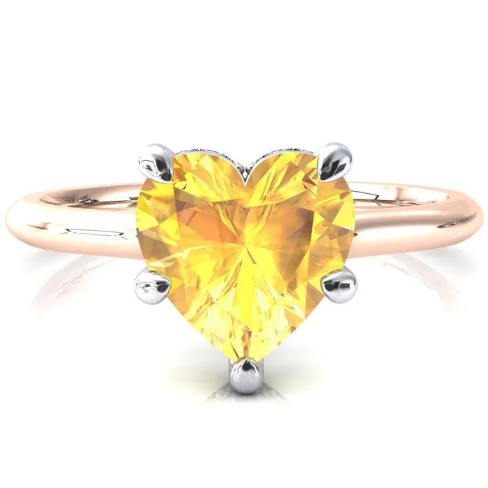 Secret Heart Yellow Sapphire 5 Prong Floating Halo Engagement Ring Fire Brilliance Rings