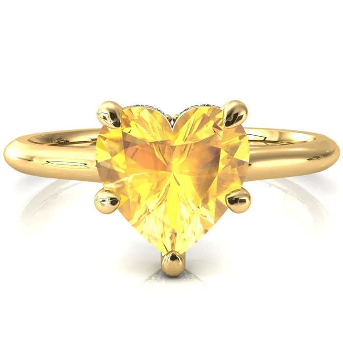 Secret Heart Yellow Sapphire 5 Prong Floating Halo Engagement Ring Fire Brilliance Rings
