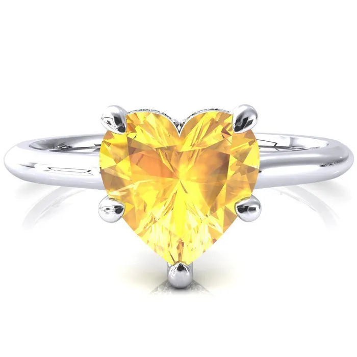 Secret Heart Yellow Sapphire 5 Prong Floating Halo Engagement Ring Fire Brilliance Rings