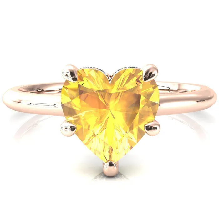 Secret Heart Yellow Sapphire 5 Prong Floating Halo Engagement Ring Fire Brilliance Rings