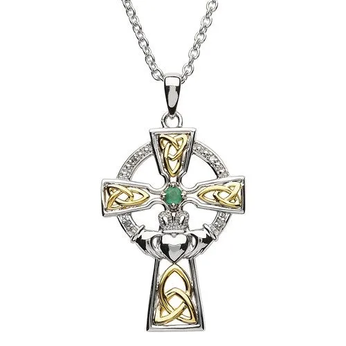 Shanore Earrings SS GP EmeraldDiamond Celtic cross