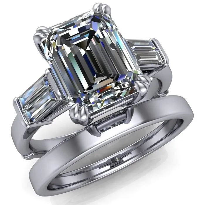 Soren Emerald Center Stone Classic And Timeless Double Baguette Diamond Sides Ring Fire Brilliance Rings