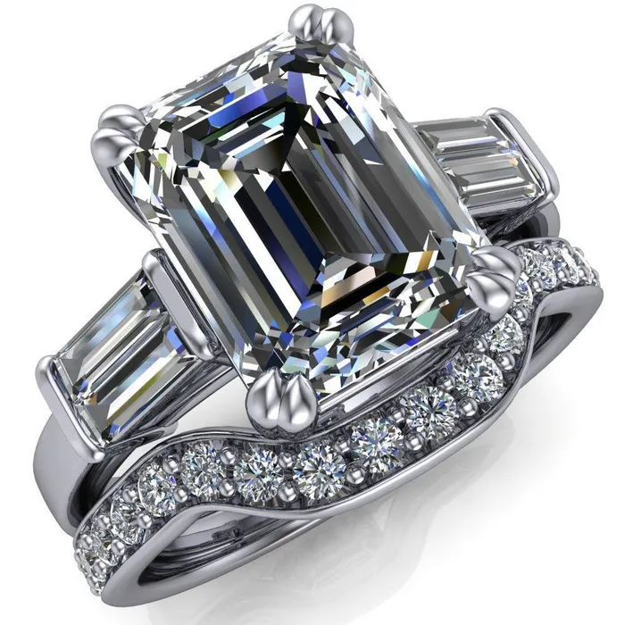 Soren Emerald Center Stone Classic And Timeless Double Baguette Diamond Sides Ring Fire Brilliance Rings