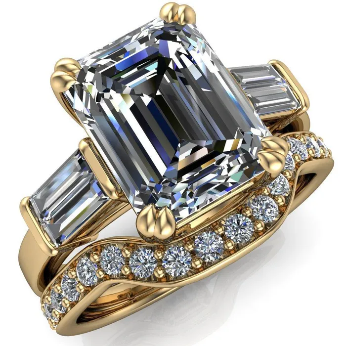 Soren Emerald Center Stone Classic And Timeless Double Baguette Diamond Sides Ring Fire Brilliance Rings