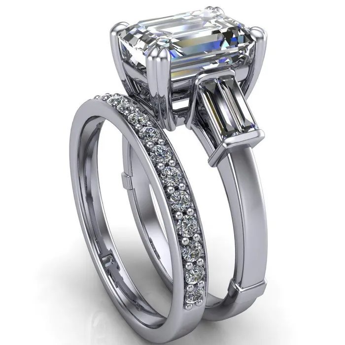 Soren Emerald Center Stone Classic And Timeless Double Baguette Diamond Sides Ring Fire Brilliance Rings