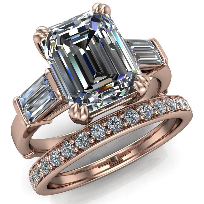 Soren Emerald Center Stone Classic And Timeless Double Baguette Diamond Sides Ring Fire Brilliance Rings