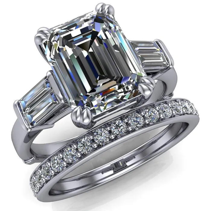 Soren Emerald Center Stone Classic And Timeless Double Baguette Diamond Sides Ring Fire Brilliance Rings