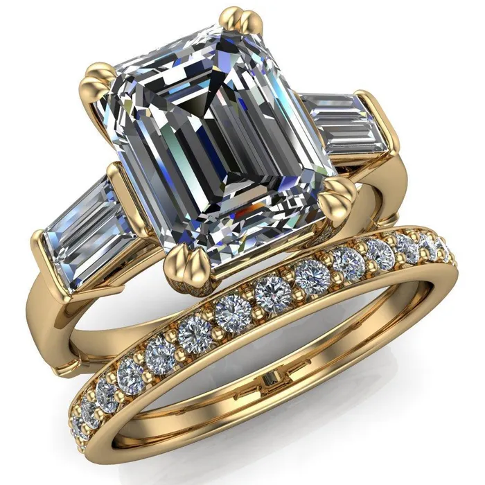 Soren Emerald Center Stone Classic And Timeless Double Baguette Diamond Sides Ring Fire Brilliance Rings