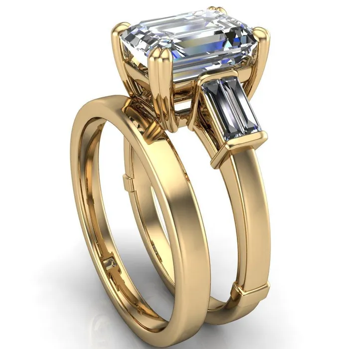 Soren Emerald Center Stone Classic And Timeless Double Baguette Diamond Sides Ring Fire Brilliance Rings