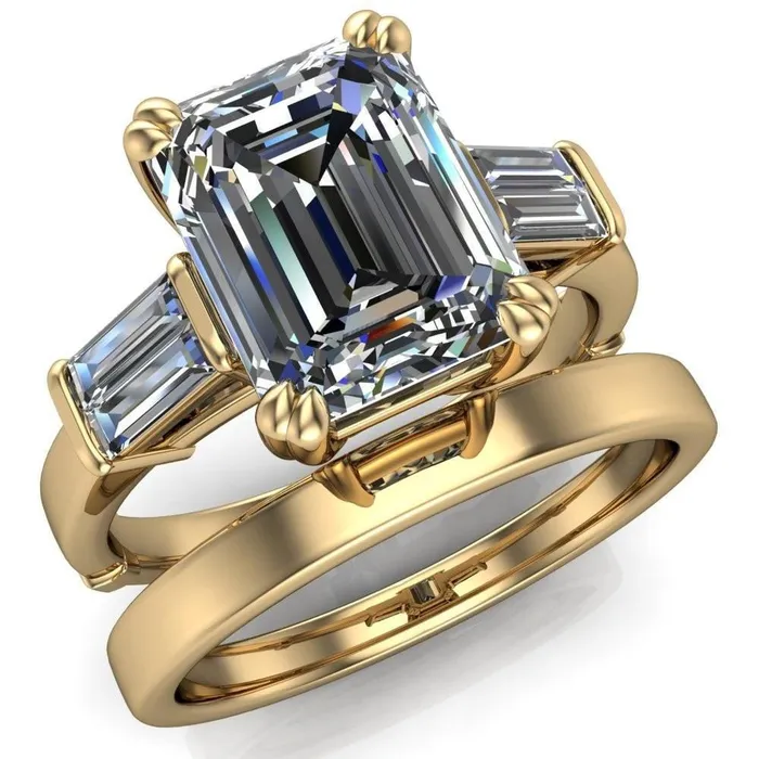 Soren Emerald Center Stone Classic And Timeless Double Baguette Diamond Sides Ring Fire Brilliance Rings