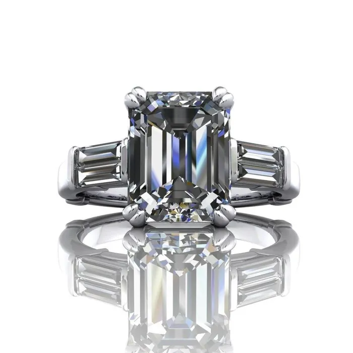 Soren Emerald Center Stone Classic And Timeless Double Baguette Diamond Sides Ring Fire Brilliance Rings