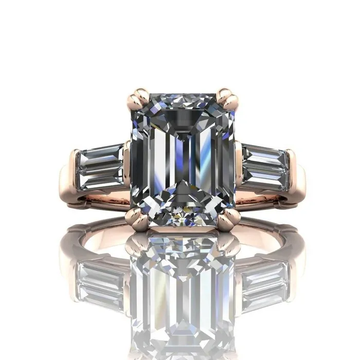 Soren Emerald Center Stone Classic And Timeless Double Baguette Diamond Sides Ring Fire Brilliance Rings