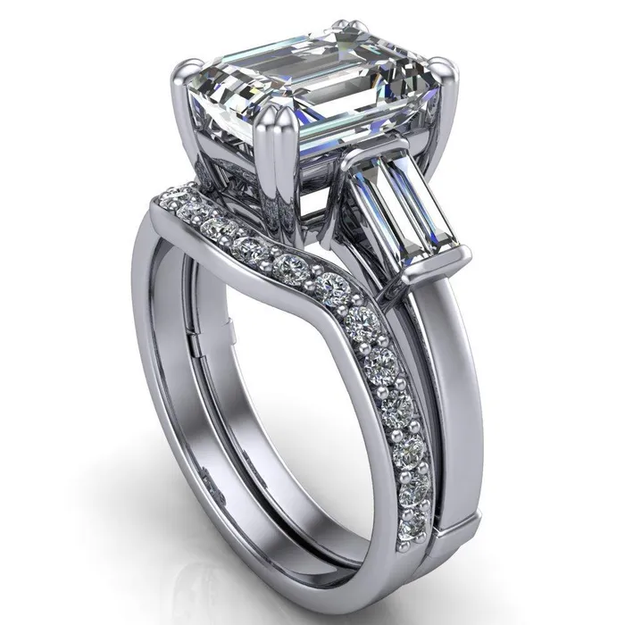 Soren Emerald Center Stone Classic And Timeless Double Baguette Diamond Sides Ring Fire Brilliance Rings