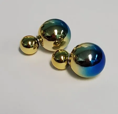 susan Earrings E329 Blue Gold Two Tone Double Ball Earrings