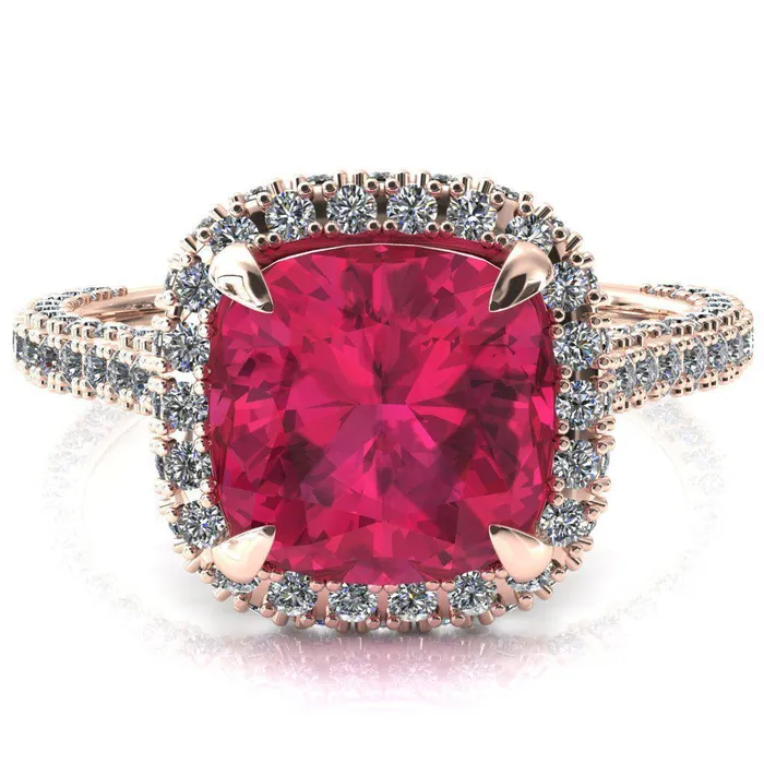 Taniya Cushion Ruby 4 Claw Prong Halo 34 Eternity 3 Sided Diamond Shank Cathedral Engagement Ring Fire Brilliance Rings