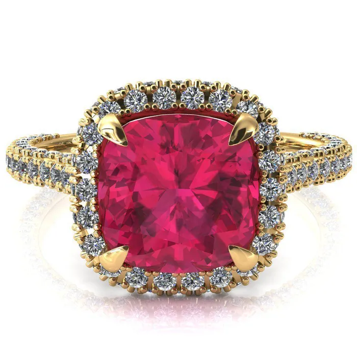 Taniya Cushion Ruby 4 Claw Prong Halo 34 Eternity 3 Sided Diamond Shank Cathedral Engagement Ring Fire Brilliance Rings