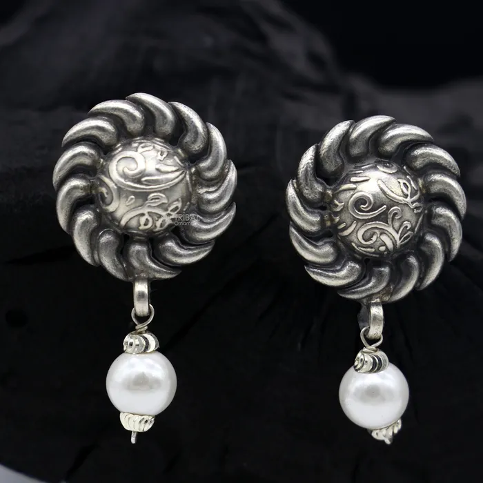 Trendy stylish Round flower design Pearl earing handmade 925 sterling silver stud earrings tribal ethnic jewelry s1292 TRIBAL ORNAMENTS Earrings