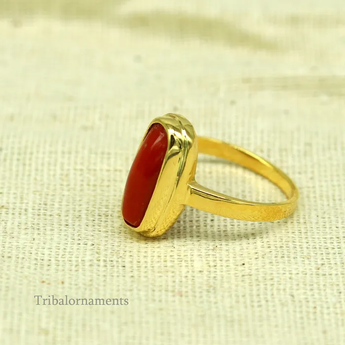 TRIBAL ORNAMENTS 18kt or 22kt yellow gold handmade Red coral munga ring band excellent design unisex stone ring certified hallmarked jewelry gring34 Rings TRIBAL ORNAMENTS 18kt or 22kt yellow gold handmade Red coral munga ring band excellent design unisex stone ring certified hallmarked jewelry gring34 Rings