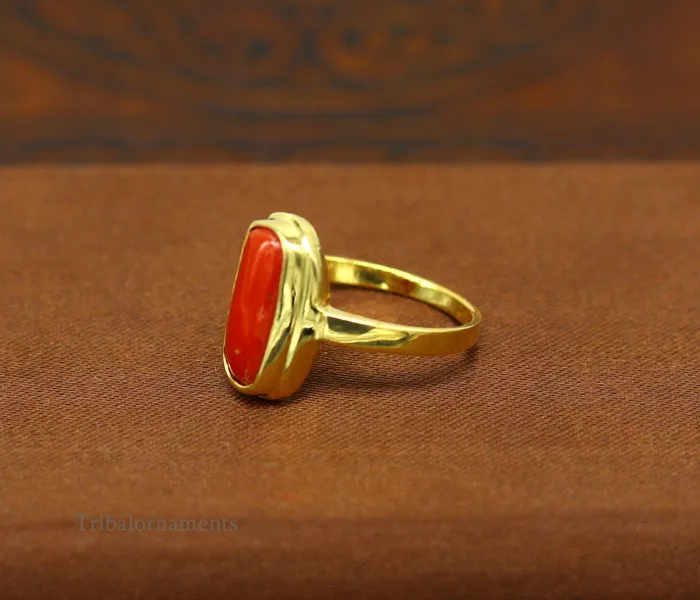 TRIBAL ORNAMENTS 18kt or 22kt yellow gold handmade Red coral munga ring band excellent design unisex stone ring certified hallmarked jewelry gring34 Rings