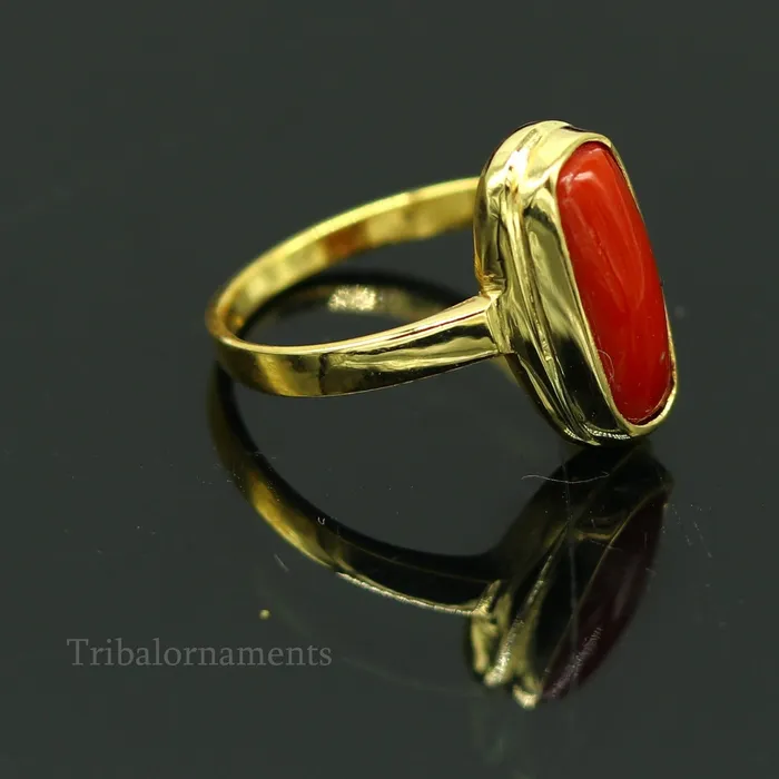 TRIBAL ORNAMENTS 18kt or 22kt yellow gold handmade Red coral munga ring band excellent design unisex stone ring certified hallmarked jewelry gring34 Rings