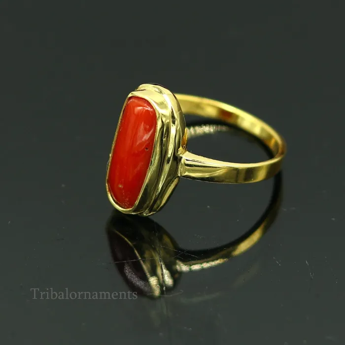 TRIBAL ORNAMENTS 18kt or 22kt yellow gold handmade Red coral munga ring band excellent design unisex stone ring certified hallmarked jewelry gring34 Rings