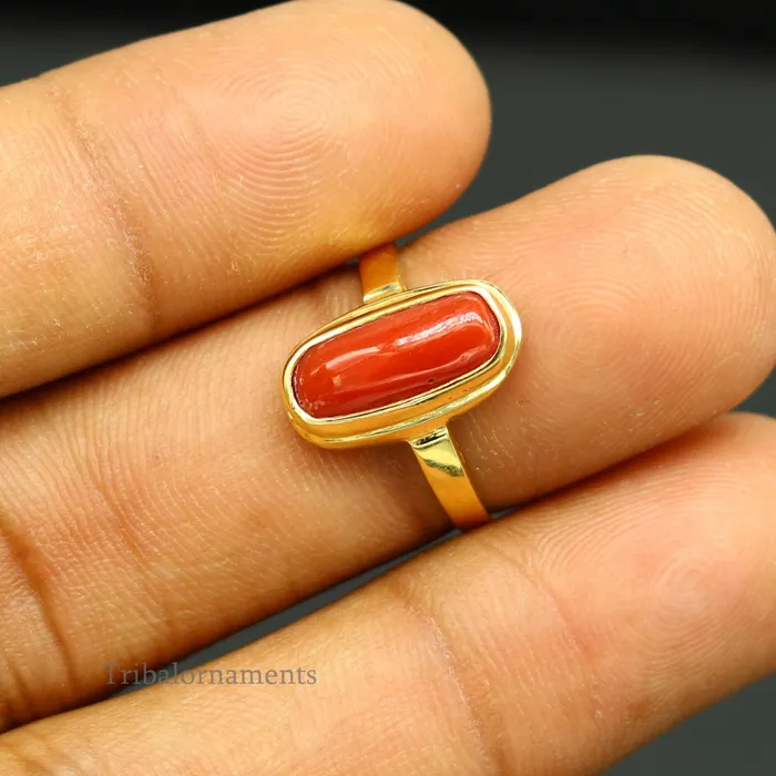 TRIBAL ORNAMENTS 18kt or 22kt yellow gold handmade Red coral munga ring band excellent design unisex stone ring certified hallmarked jewelry gring34 Rings