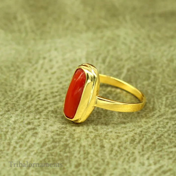 TRIBAL ORNAMENTS 18kt or 22kt yellow gold handmade Red coral munga ring band excellent design unisex stone ring certified hallmarked jewelry gring34 Rings