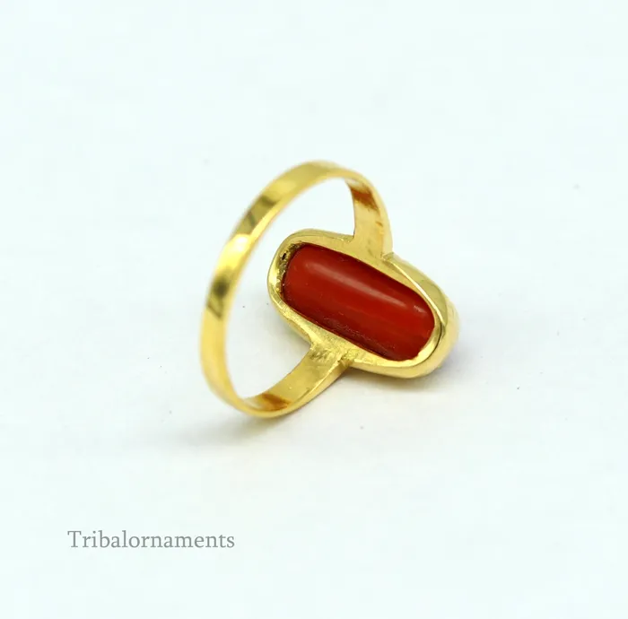 TRIBAL ORNAMENTS 18kt or 22kt yellow gold handmade Red coral munga ring band excellent design unisex stone ring certified hallmarked jewelry gring34 Rings