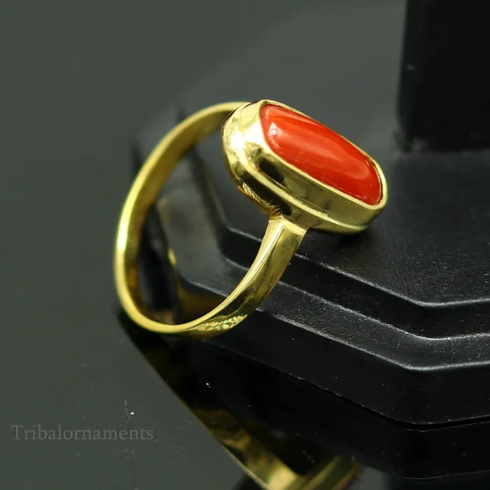 TRIBAL ORNAMENTS 18kt or 22kt yellow gold handmade Red coral munga ring band excellent design unisex stone ring certified hallmarked jewelry gring34 Rings