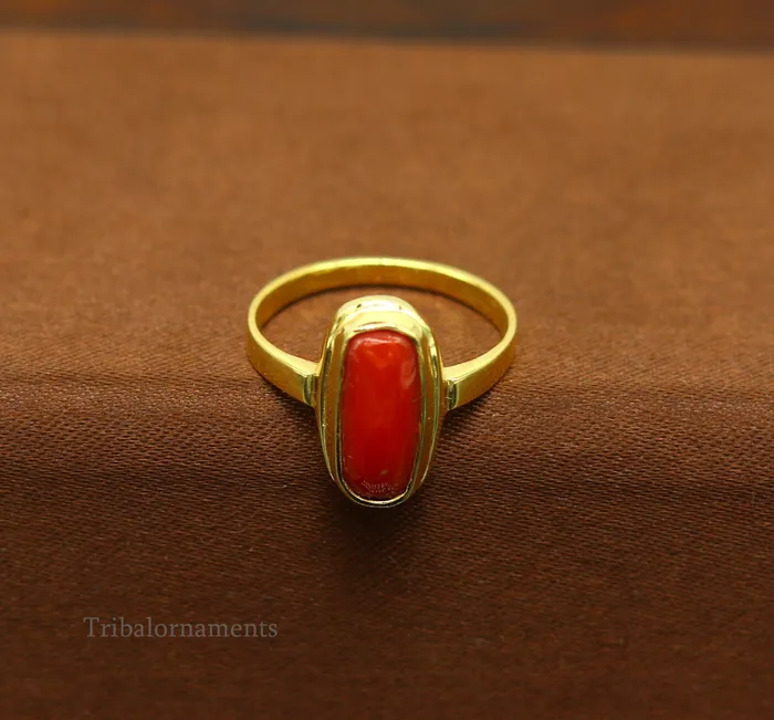 TRIBAL ORNAMENTS 18kt or 22kt yellow gold handmade Red coral munga ring band excellent design unisex stone ring certified hallmarked jewelry gring34 Rings