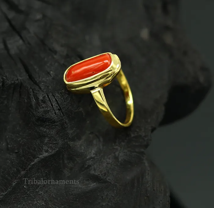 TRIBAL ORNAMENTS 18kt or 22kt yellow gold handmade Red coral munga ring band excellent design unisex stone ring certified hallmarked jewelry gring34 Rings