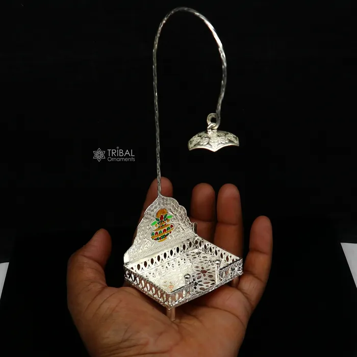 TRIBAL ORNAMENTS 925 pure sterling silver handcrafted small sinhasan idol krishna Bal Gopala throne god statues stand chair temple art puja article su1168 Rings