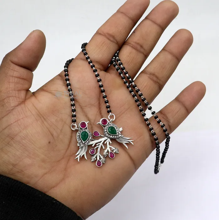 TRIBAL ORNAMENTS 925 sterling silver black beads chain mangal sutra necklace for daily use brides Mangalsutra chunky necklace love bird pendant ms65 Necklaces TRIBAL ORNAMENTS 925 sterling silver black beads chain mangal sutra necklace for daily use brides Mangalsutra chunky necklace love bird pendant ms65 Necklaces
