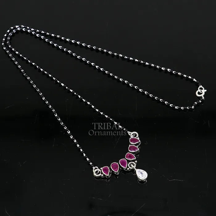 TRIBAL ORNAMENTS 925 sterling silver black beads chain Trendy necklace gorgeous flower design pendant traditional style brides Mangalsutra necklace MS02 Necklaces