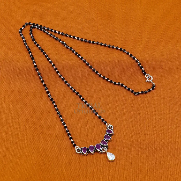 TRIBAL ORNAMENTS 925 sterling silver black beads chain Trendy necklace gorgeous flower design pendant traditional style brides Mangalsutra necklace MS02 Necklaces