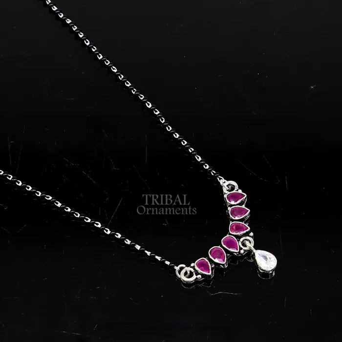 TRIBAL ORNAMENTS 925 sterling silver black beads chain Trendy necklace gorgeous flower design pendant traditional style brides Mangalsutra necklace MS02 Necklaces