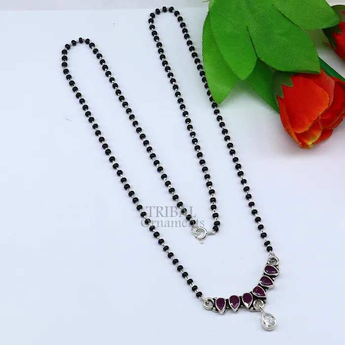 TRIBAL ORNAMENTS 925 sterling silver black beads chain Trendy necklace gorgeous flower design pendant traditional style brides Mangalsutra necklace MS02 Necklaces