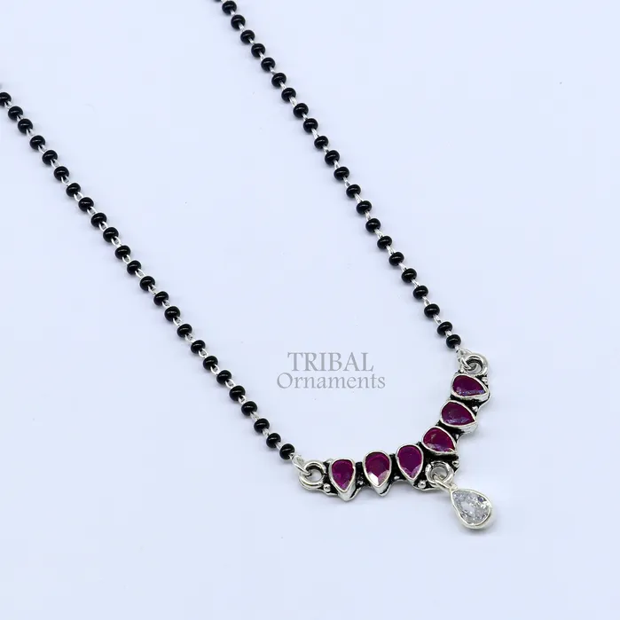 TRIBAL ORNAMENTS 925 sterling silver black beads chain Trendy necklace gorgeous flower design pendant traditional style brides Mangalsutra necklace MS02 Necklaces