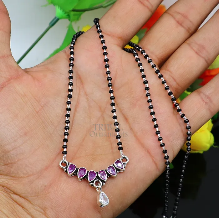 TRIBAL ORNAMENTS 925 sterling silver black beads chain Trendy necklace gorgeous flower design pendant traditional style brides Mangalsutra necklace MS02 Necklaces