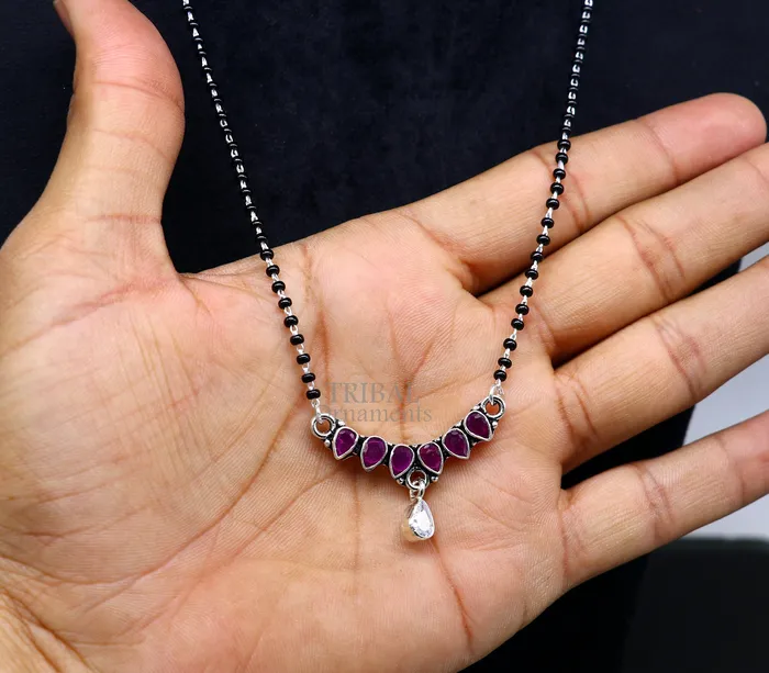 TRIBAL ORNAMENTS 925 sterling silver black beads chain Trendy necklace gorgeous flower design pendant traditional style brides Mangalsutra necklace MS02 Necklaces
