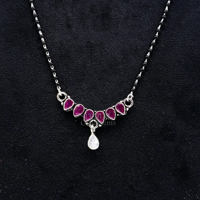 TRIBAL ORNAMENTS 925 sterling silver black beads chain Trendy necklace gorgeous flower design pendant traditional style brides Mangalsutra necklace MS02 Necklaces