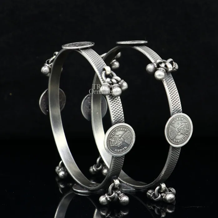 TRIBAL ORNAMENTS 925 sterling silver handmade customized tribal ethnic bangle bracelet best vintage style hanging drops bangles for gifting nba328 Bracelets