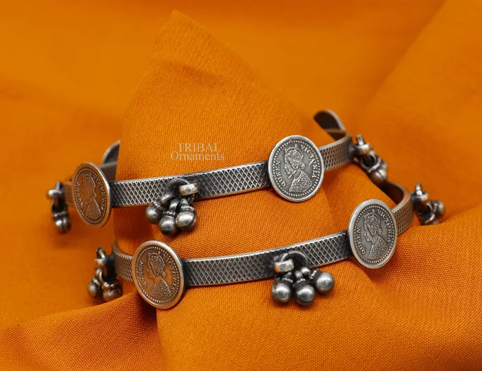 TRIBAL ORNAMENTS 925 sterling silver handmade customized tribal ethnic bangle bracelet best vintage style hanging drops bangles for gifting nba328 Bracelets